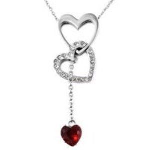 Lab Simulated Ruby, White Austrian Crystal Triple Heart Dangler Necklace